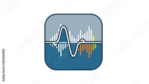 Audio Waveform Graph Icon with Colorful Bars and Signal on Blue Background