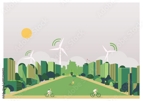 A flat vector illustration of a sustainable green city with renewable energy sources. Wind turbines, solar panels, and eco-friendly buildings surrounded by trees and green spaces. A peaceful urban env