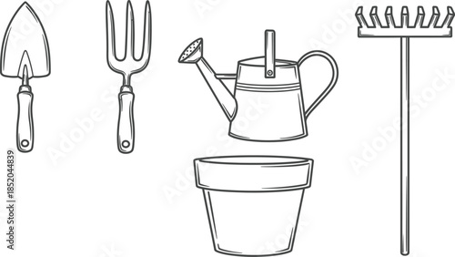Outline illustration set of 5 gardening items trowel hand fork watering can plant pot and rake