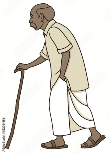 Cartoon-style illustration of an elderly man in traditional attire walking with a wooden cane, slightly bent forward.