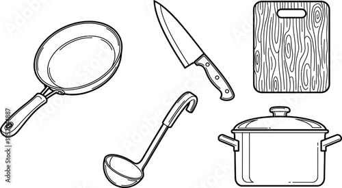 Outline illustration set of 5 kitchen cookware frying pan chef knife cutting board ladle and pot