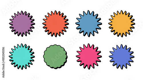 Eight colorful spiky starburst shapes isolated on transparent background