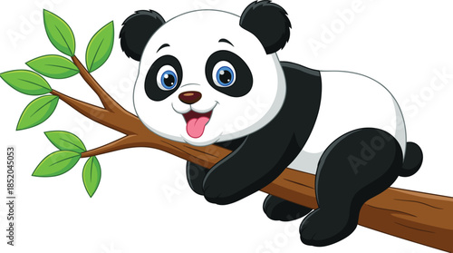 Cartoon cute panda bear lying on tree branch with tongue out, happy wild animal character, vector illustration isolated on white background, nature concept