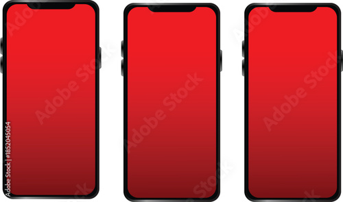 Three red smartphone screens with black borders on white background smartphones red screens