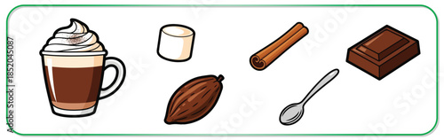 Delicious hot chocolate ingredients and toppings on a tray