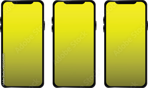 Three smartphones with yellow gradient screens black frames white background mobile phones