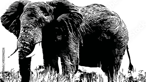 Large african elephant standing in grassland black and white vector illustration