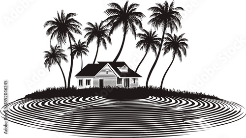 Black and white tropical island scene with stylized palm trees and a house