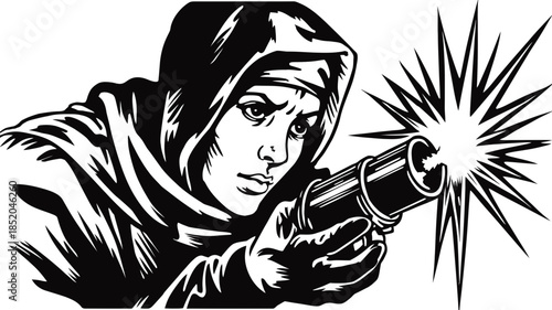 Woman aiming weapon powerful black and white illustration with focus