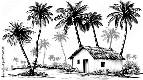 Ink drawing of a tropical landscape featuring palm trees and a small dwelling
