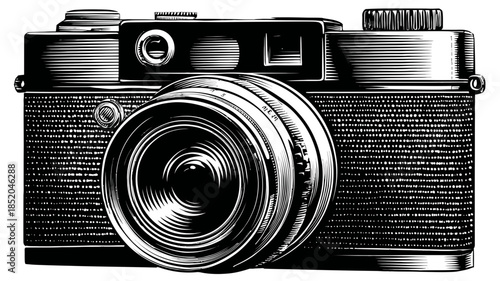 Vintage camera illustration detailed engraving style in black and white