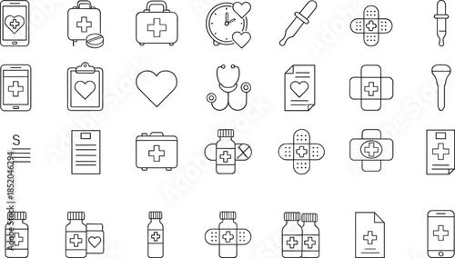 Healthcare and medical outline icons set with first aid kits pills heart stethoscope and treatment symbols vector illustration