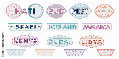 Collection of colorful travel stamps featuring various country and city names