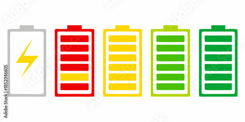 Five battery icons displaying varying charge levels from empty to full