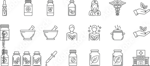 Herbal medicine and natural healthcare line icons set with bottles, mortar, doctor, caduceus symbols