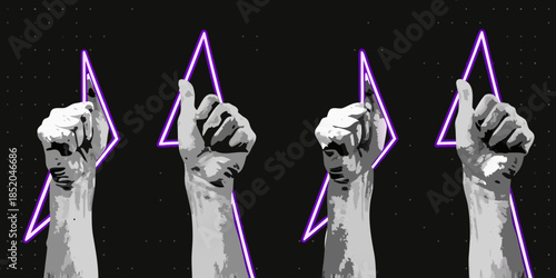 Four hands raised with glowing purple triangular shapes above them