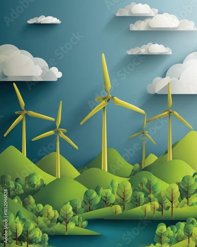 Vibrant paper art illustration of wind turbines on green hills under a bright blue sky