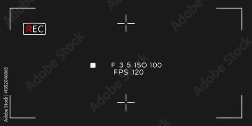 A camera viewfinder display showing recording status and focus settings