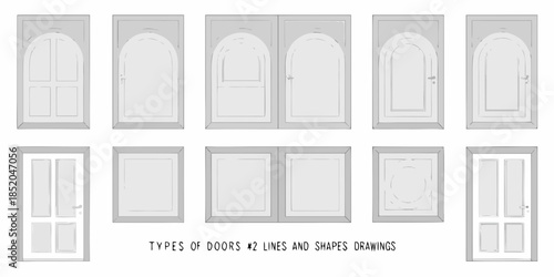Various styles of doors illustrated with different shapes and architectural designs