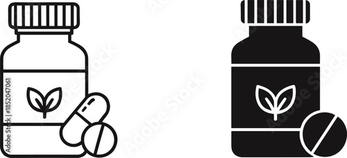 Herbal medicine bottle with pills outline and solid icons isolated on white, natural supplement healthcare vector illustration