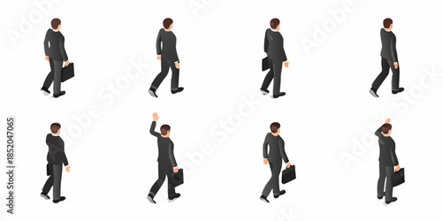 Isometric businessmen walking in various poses with briefcases depicted