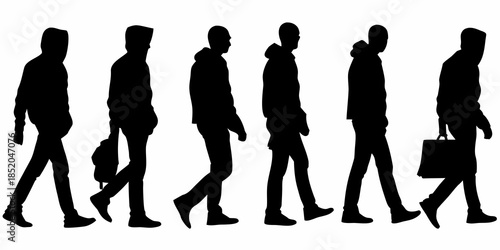 Silhouettes of people walking in a line suggesting movement and urban life