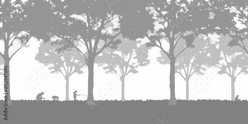 Silhouetted trees and figures in a park scene creating a peaceful atmosphere