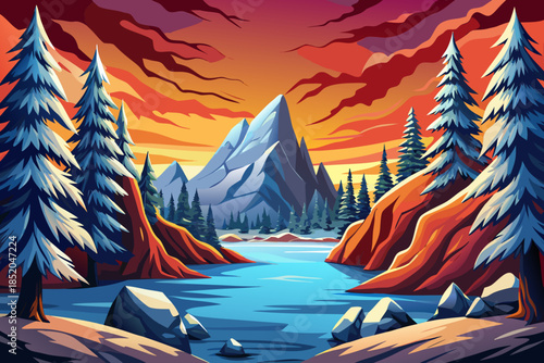 Snow covered pine trees frame a frozen mountain lake, creating a balanced winter composition with natural symmetry and strong seasonal contrast