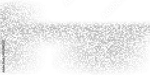Features random particles in a chaotic mosaic with a linear dot pattern. Halftone dot abstract background. Ideal for banners, posters, websites, and social media frames. Vector illustration.