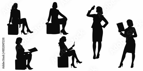 Silhouettes of businesswomen in various poses with briefcases and documents