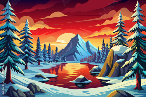 Snow covered pine trees frame a frozen mountain lake, creating a balanced winter composition with natural symmetry and strong seasonal contrast