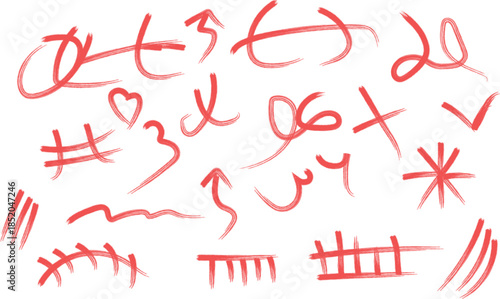 A collection of various red handwritten symbols and doodles isolated on transparent background