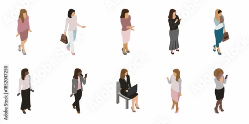 Isometric illustration of diverse women in various casual and professional outfits