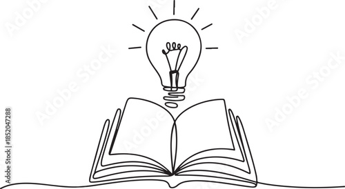 Open textbook with shining light bulb continuous one line icon drawing.one line  vector illustration  with out background