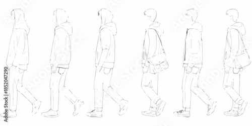 Fashion sketch of men s clothing line in a walking pose side view