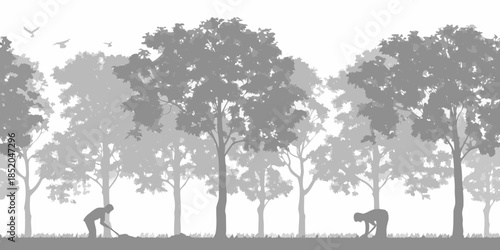 Silhouetted trees and figures working in a field under a cloudy sky