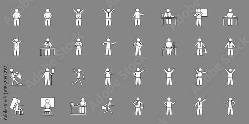 Diverse stick figure poses depict various human actions and interactions