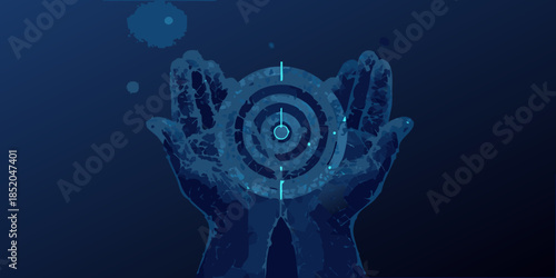 Hands holding a glowing target with concentric circles abstract digital illustration