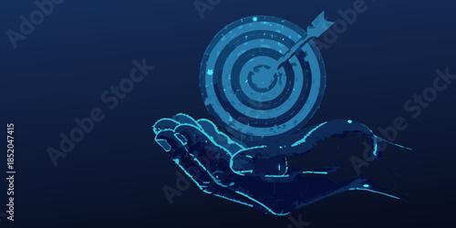 A hand gently holding a glowing target with a dart in the center