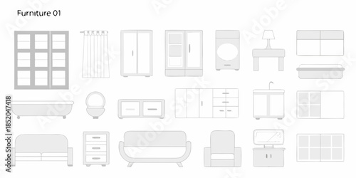 A collection of furniture outlines beds sofas cabinets and bathroom fixtures