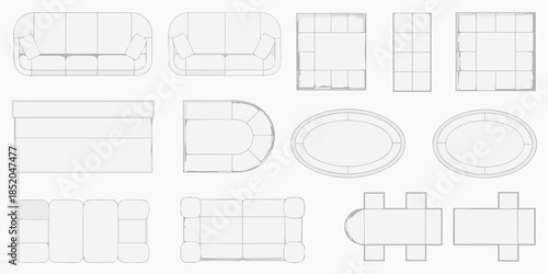 Minimalist furniture collection sofas chairs and tables in a schematic design
