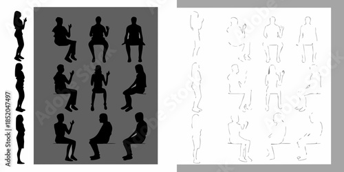 Silhouettes of people in various seated and standing poses art study