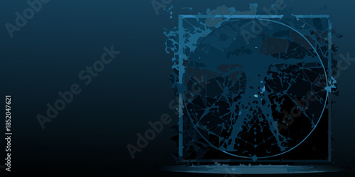 Abstract dark blue background with a cracked rectangular frame and central shape