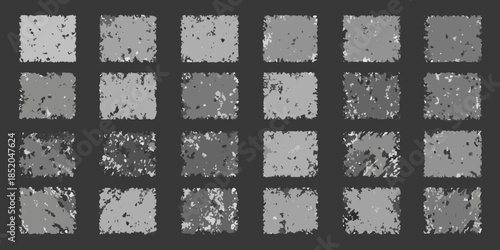 An arrangement of grayscale textured square patterns resembling distressed surfaces