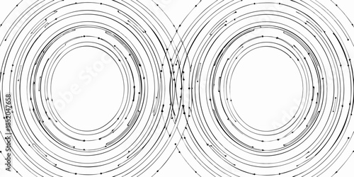 Two interconnected circular patterns with swirling lines and dotted points