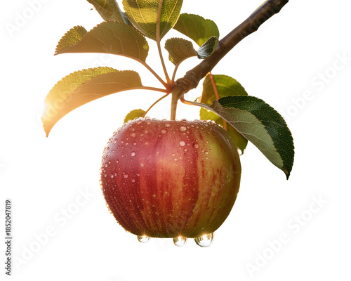 close up of a appel with water drops on a tree .