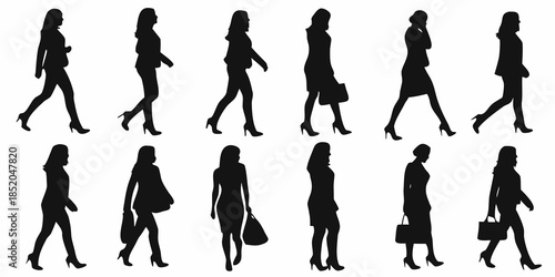 Silhouettes of women walking in various poses and business attire
