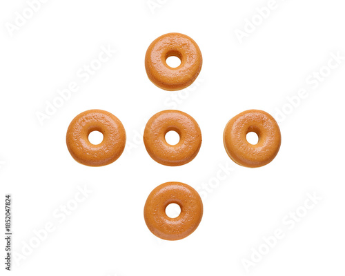 Cluster of Five Matte Donuts on Beige Background. Neo-Minimalist Geometric Layouts