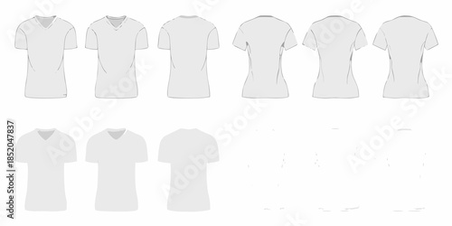 Collection of white t shirts and polo shirts displayed on a white background