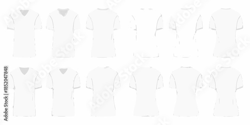 Collection of white t shirts displayed in various views and arrangements